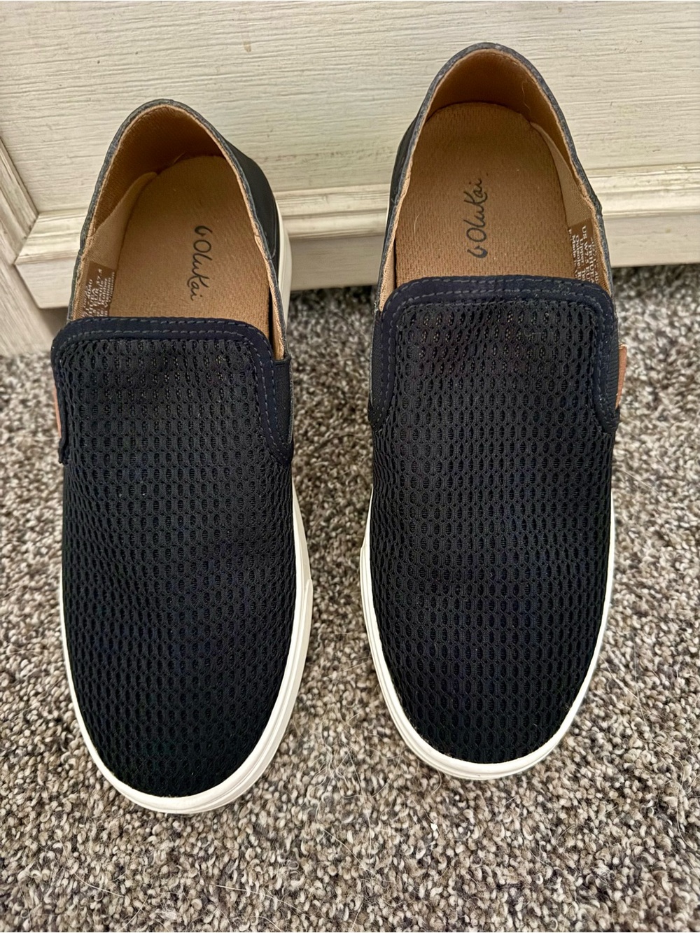 OluKai Women’s Black Mesh Slip-On Loafers with White Sole